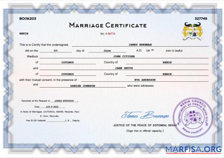 Realistic Benin marriage certificate Word and PDF template